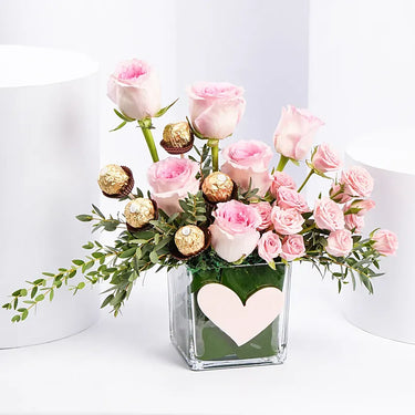 Gentle Pink Roses And Rochers, Light Pink Roses, Spray Rose, Ferrero Rocher, Eucalyptus, Green Pothos Leaf, Beautifully Wrapped